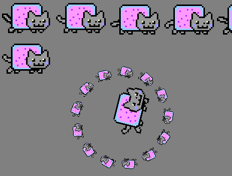 Screenshot of sdl_nyan_demo. Shows individual nyan sprites and some spinning cats.